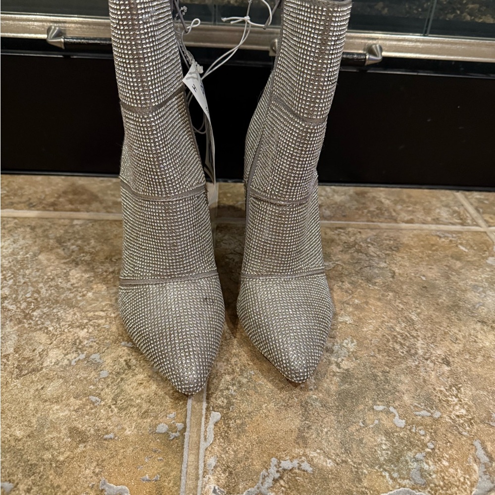 Elegant Silver Heeled Boots rhinestone